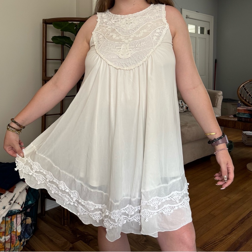 Women’s Altar’d State White Lace Mesh High Neck Tank Top Dress Boho Hippie